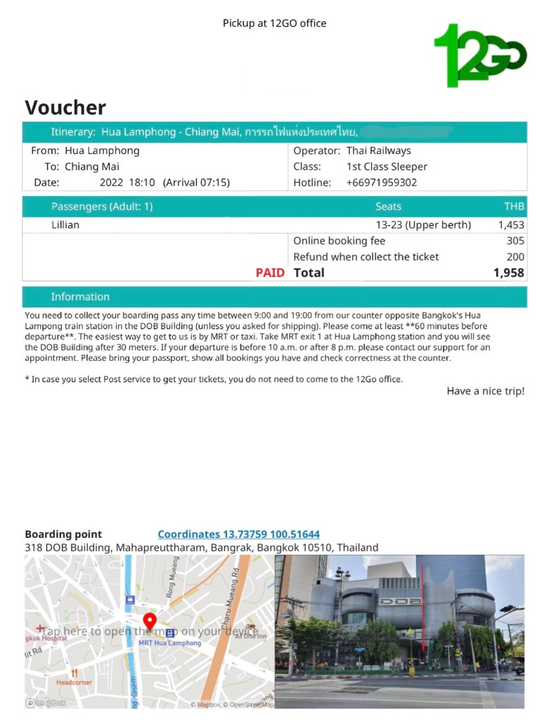An example receipt after booking a Thailand sleeper train.