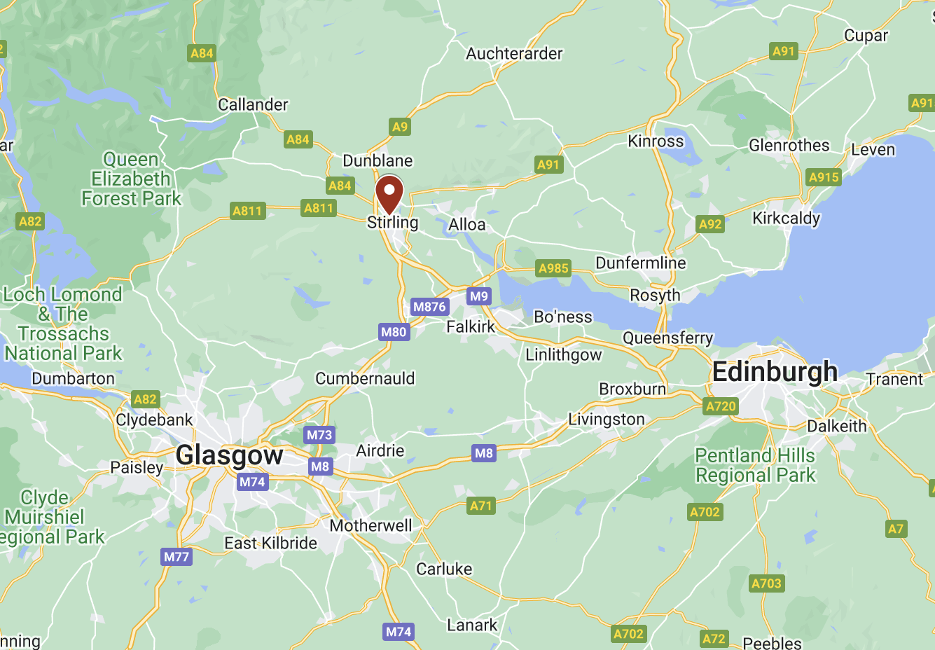 Map of southern Scotland with a pin in Stirling, about halfway in between Glasgow and Edinburgh to the north.